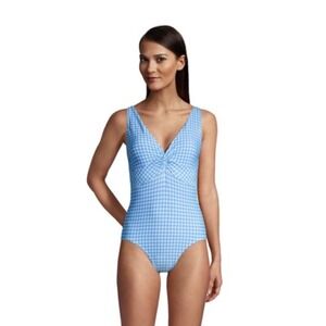 Lands End Womens Twist Top Gingham Checkered One Piece‎ Swimsuit Sz 6P Blue Mint
